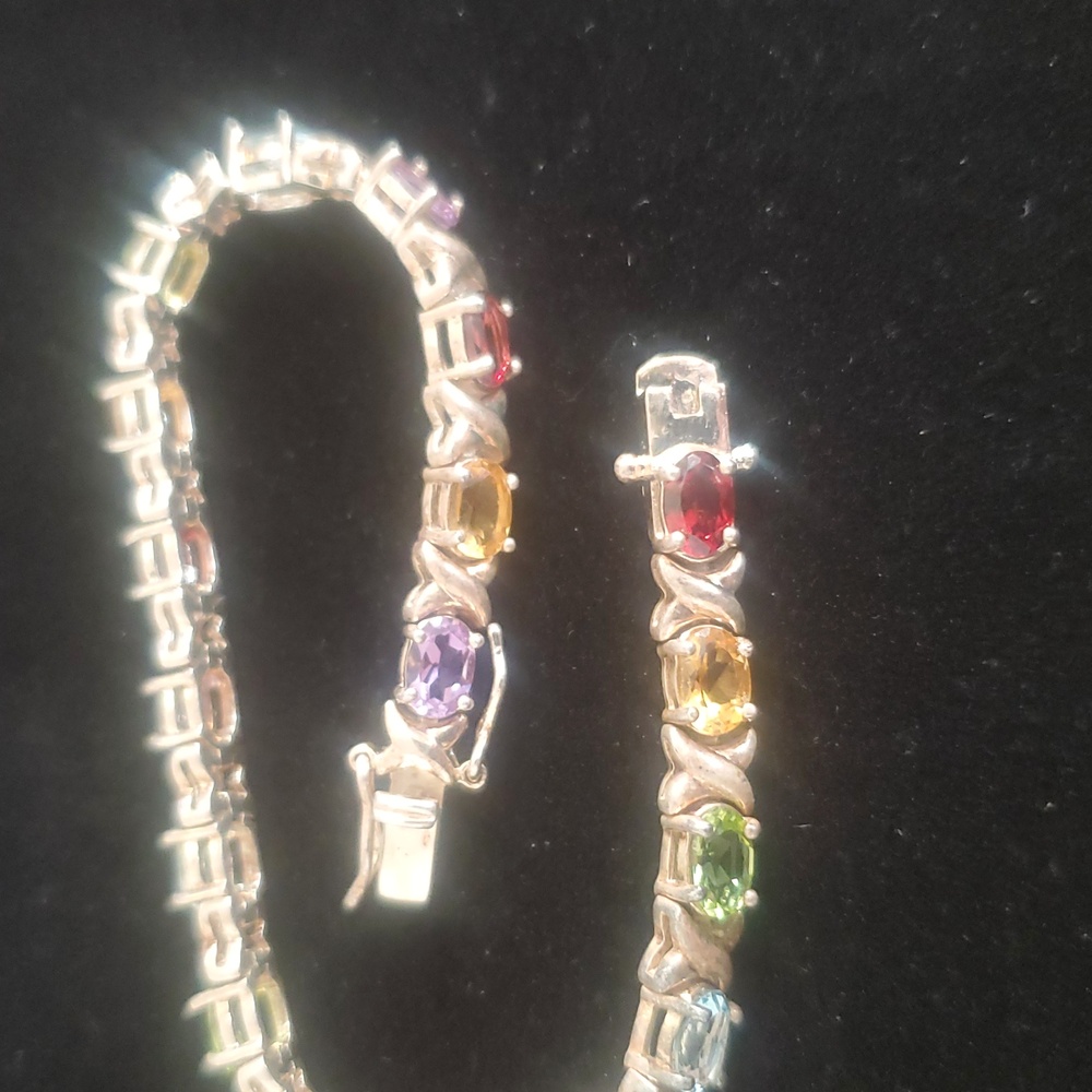 925 Sterling Silver Multi Gemstone Tennis Bracelet Overtone Vintage - Picture 4 of 15